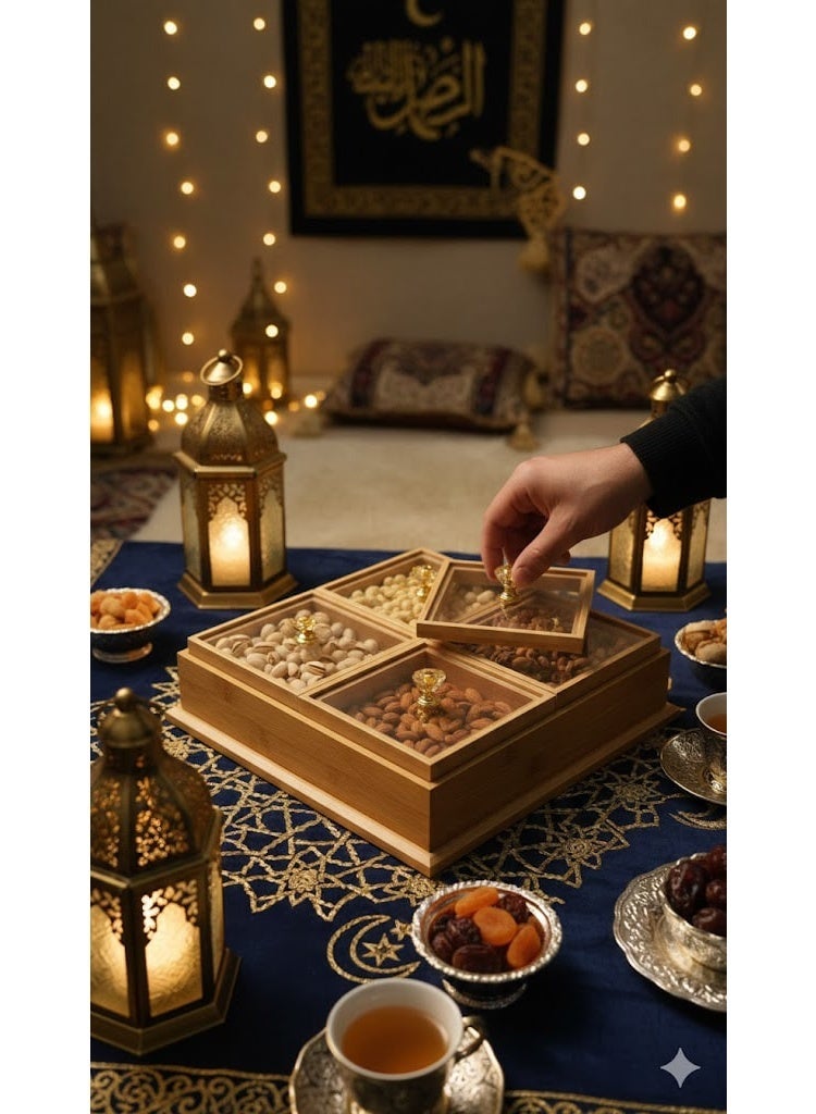 Premium Wooden 4-Compartment Serving Box with Transparent Lids - Elegant Organizer for Nuts, Dates, and Sweets - Image 1